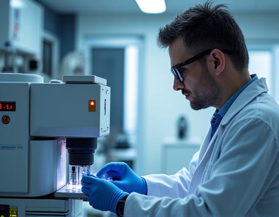 清潔な研究室で走査型電子顕微鏡を操作する科学者